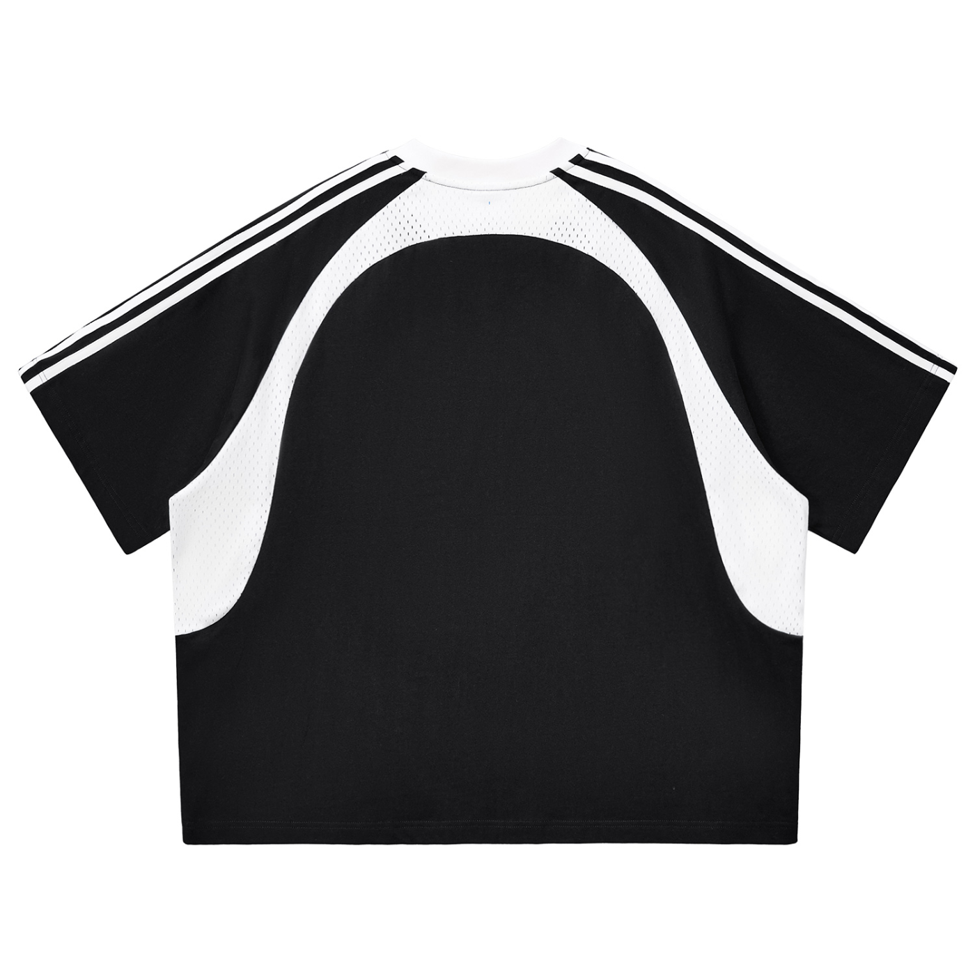 Wing Logo Contrast Stripe Mesh Panel Tee in Black with White, back view.