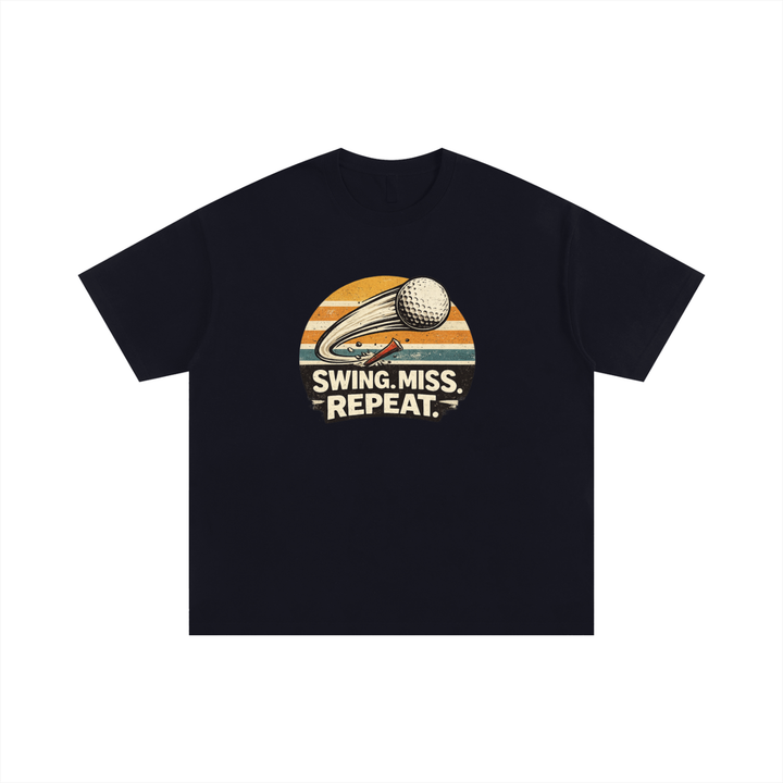 Swing Miss Repeat Retro Golf Oversized Tee in Black, flat lay.