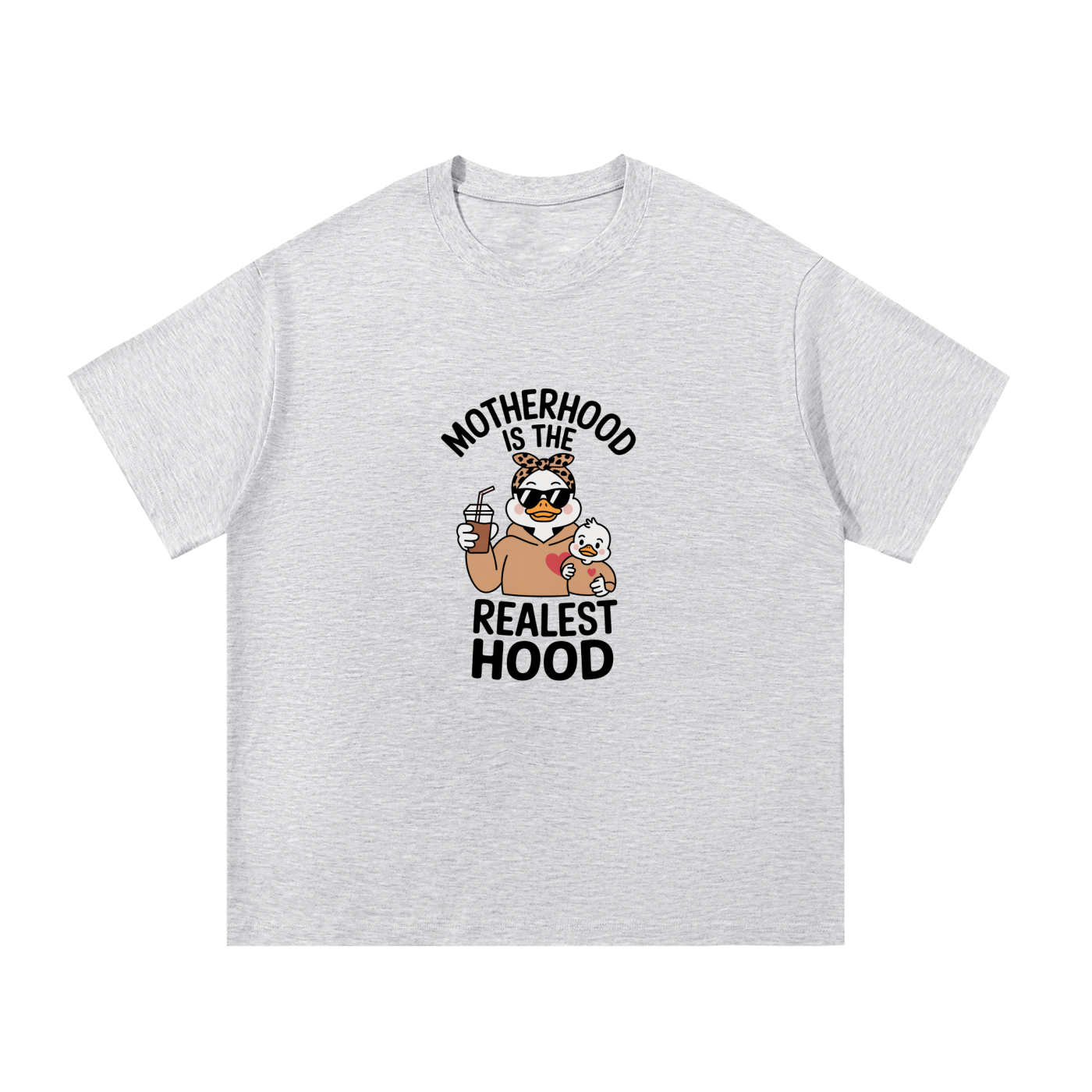 Motherhood Is The Realest Hood Funny Mama Tee in White Gray, flat lay.