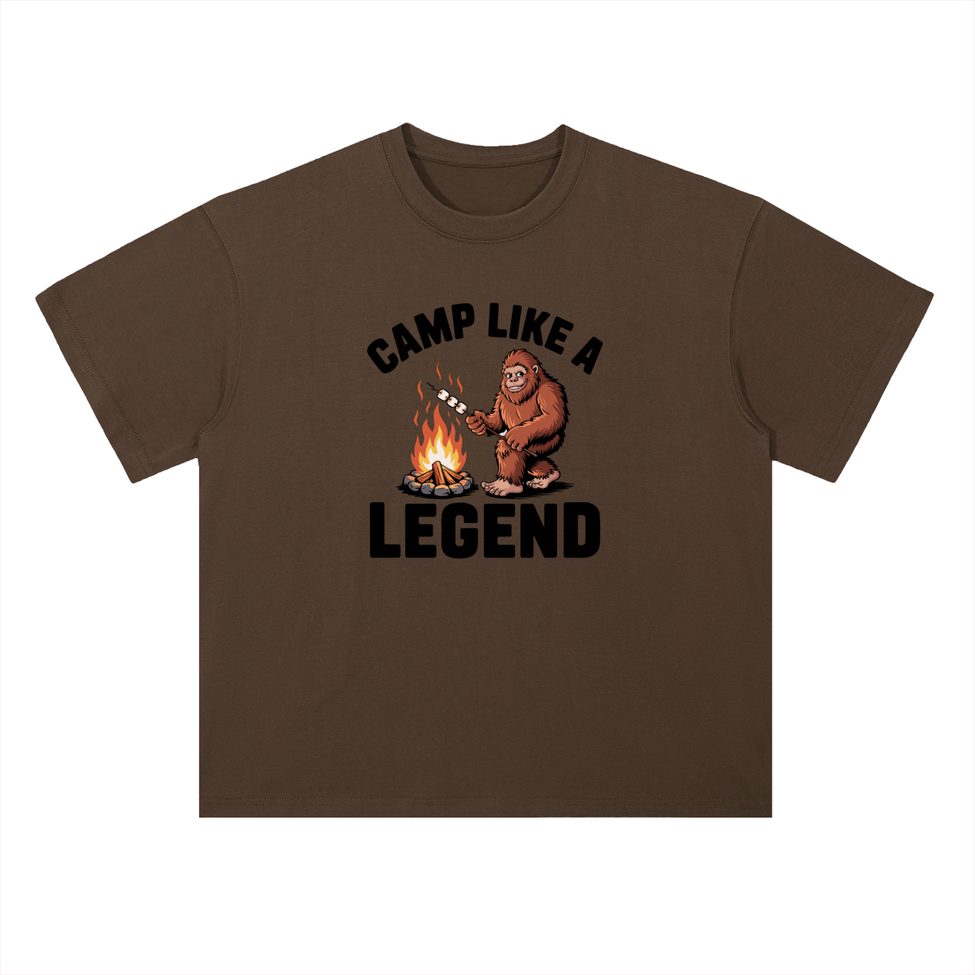 Camp Like A Legend Bigfoot Campfire Tee in Coffee, flat lay.
