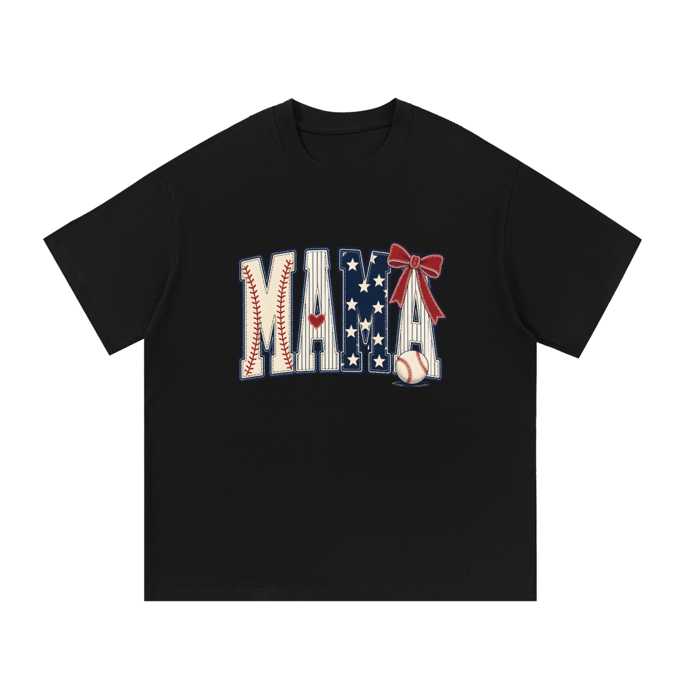 Mama Baseball Stars And Stripes Bow Tee in Black, flat lay.