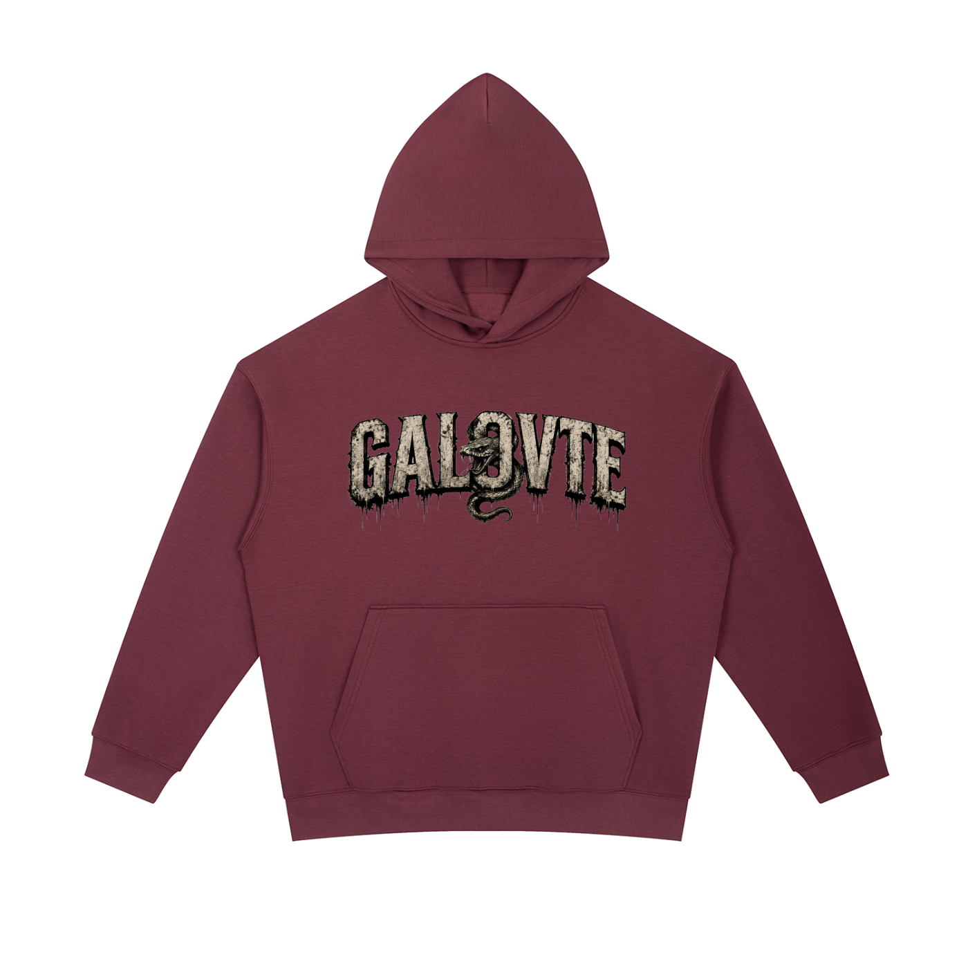 GALOVTE Snake Varsity Graphic Heavyweight Hoodie in Dull Red, flat lay.