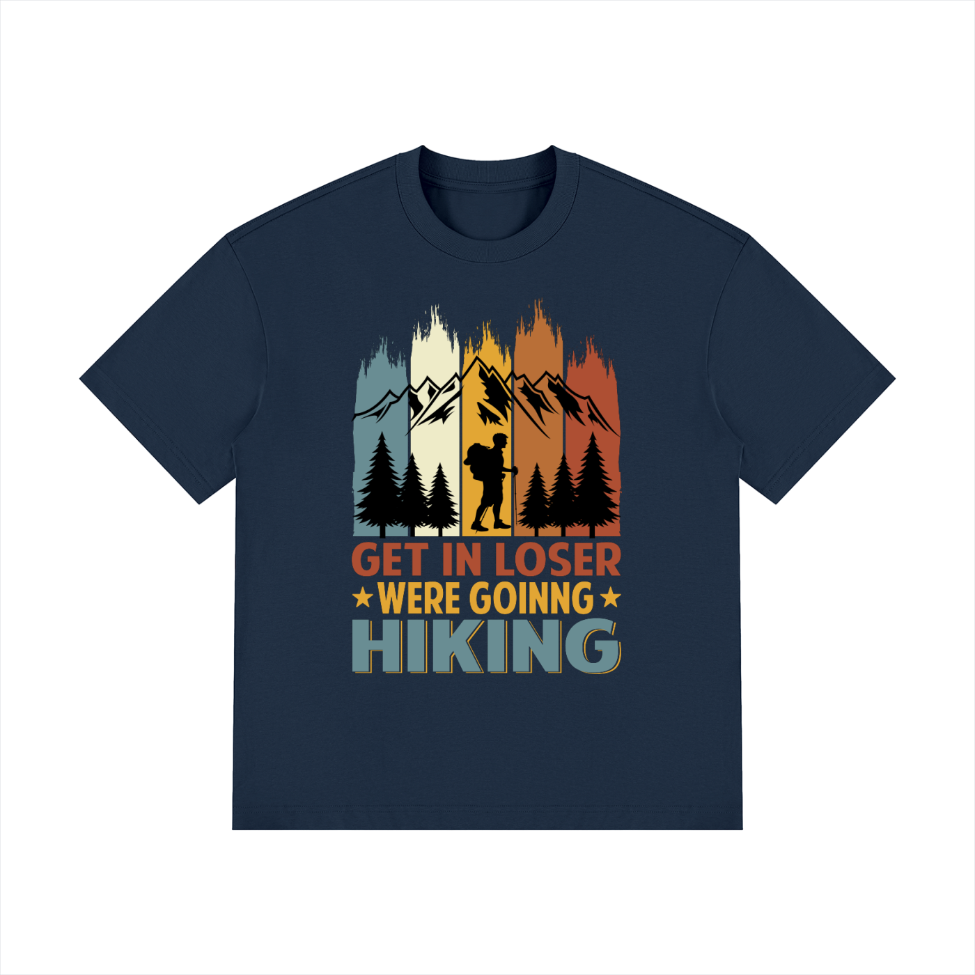 Get In Loser We're Going Hiking Retro Tee in Navy Blue, flat lay.