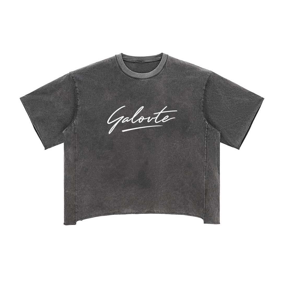 MEN T SHIRT Galovte Script Raw-Edge Snow-Washed Boxy Tee