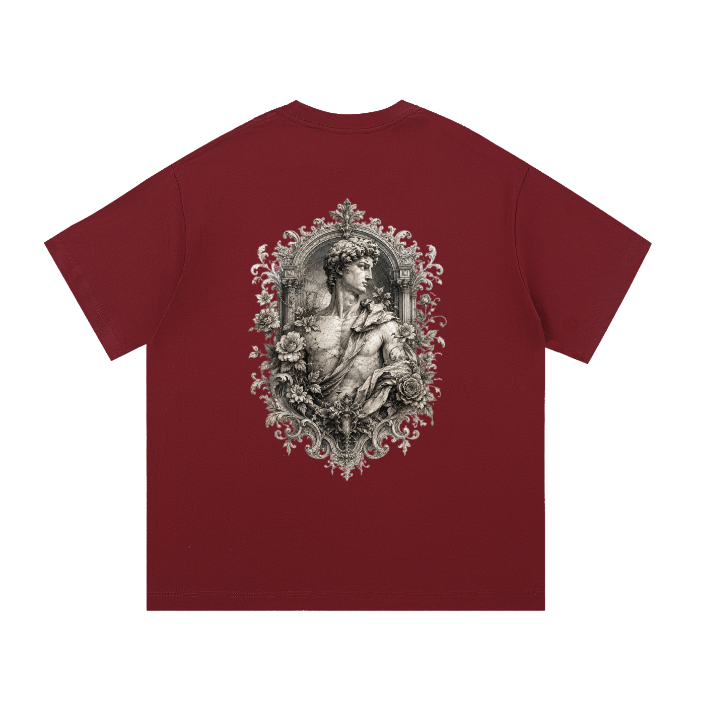 Baroque Statue Crest Left-Chest Cotton Tee in Wine Red, back view.