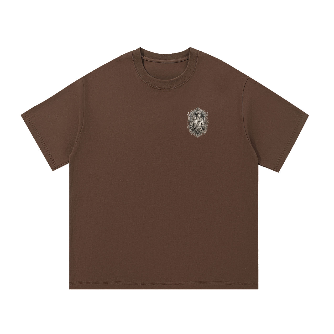 Baroque Statue Crest Left-Chest Cotton Tee in Coffee, flat lay.