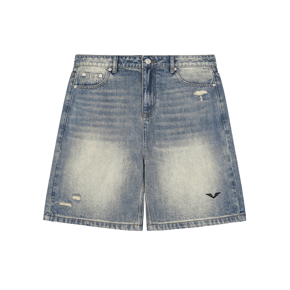 GALOVTE Faded Distressed Baggy Denim Shorts in Blue, flat lay.