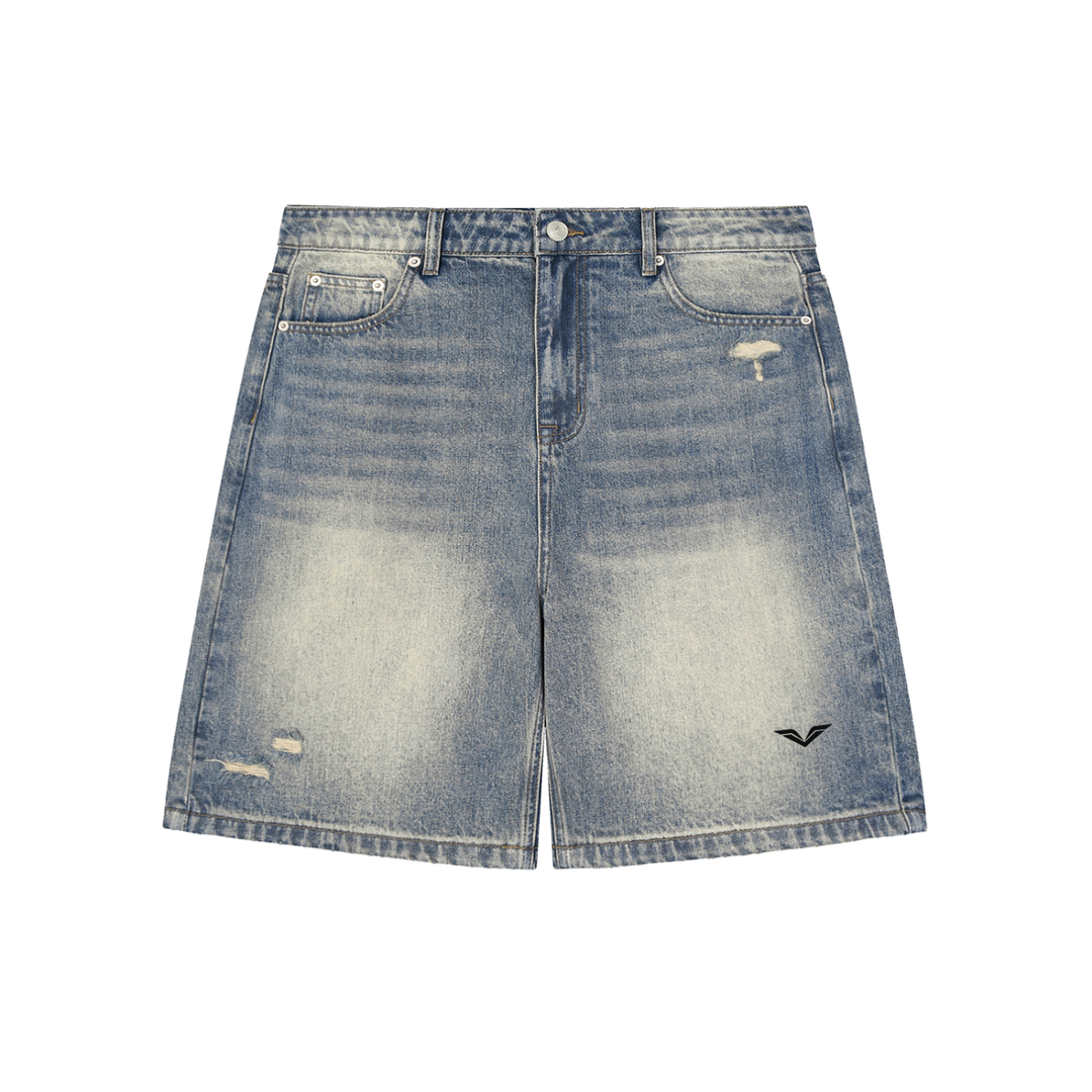 GALOVTE Faded Distressed Baggy Denim Shorts in Blue, flat lay.