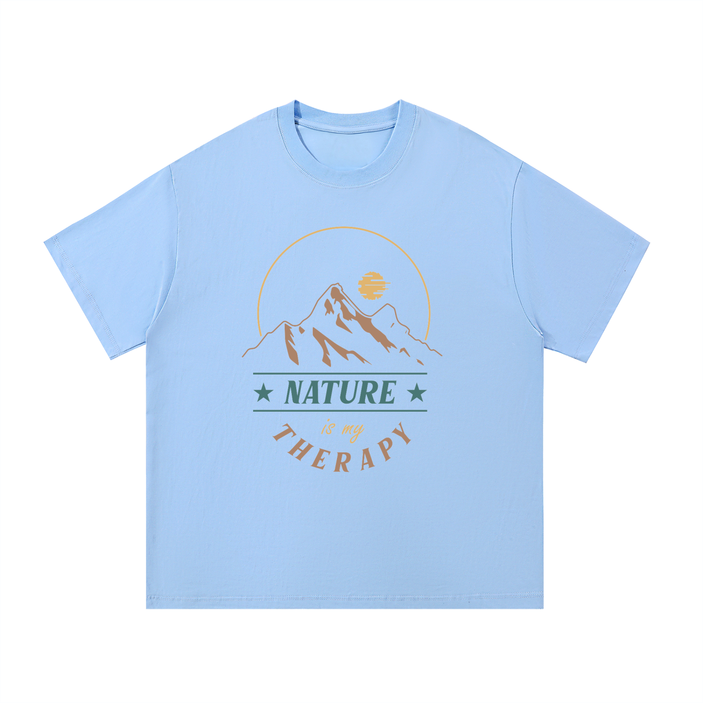 Nature Is My Therapy Mountain Sunrise Tee in Blue, flat lay.