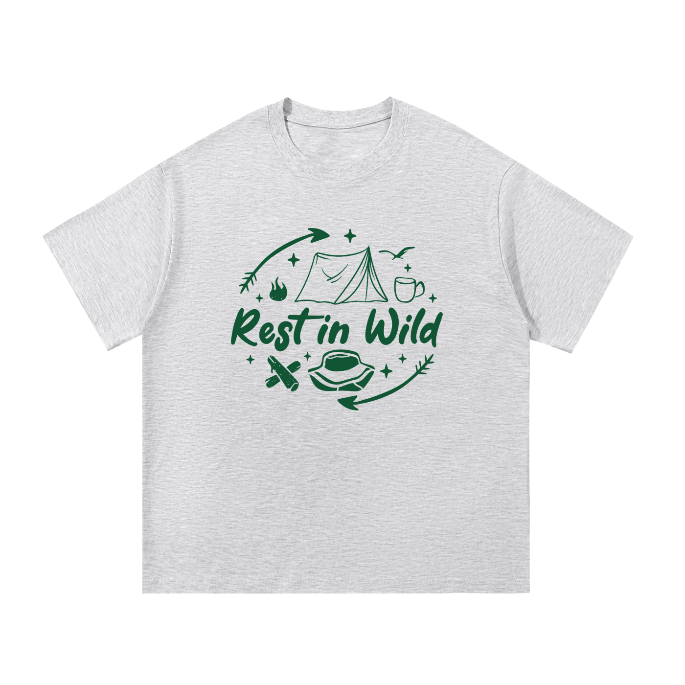 Rest In Wild Camping Line Art Tee in White Gray, flat lay.