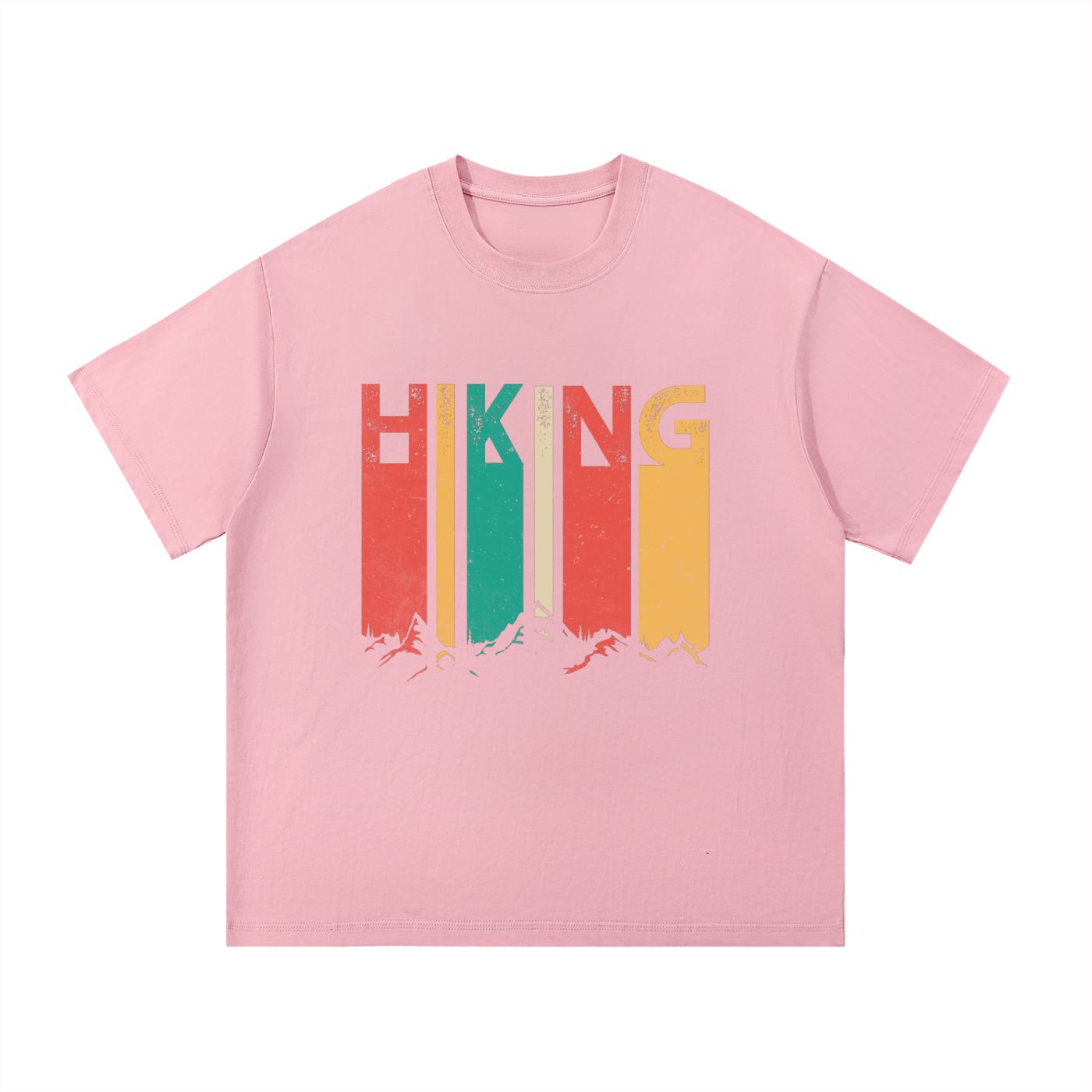 Hiking Retro Vintage Stripe Typography Tee in Pink, flat lay.