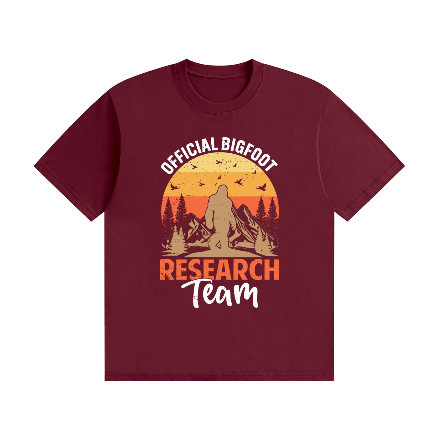 Official Bigfoot Research Team Retro Sunset Tee in Wine Red, flat lay.