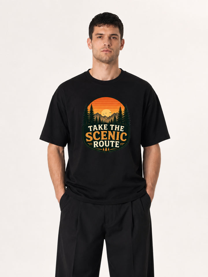 hiking lover Take The Scenic Route Retro Sunset Badge Tee