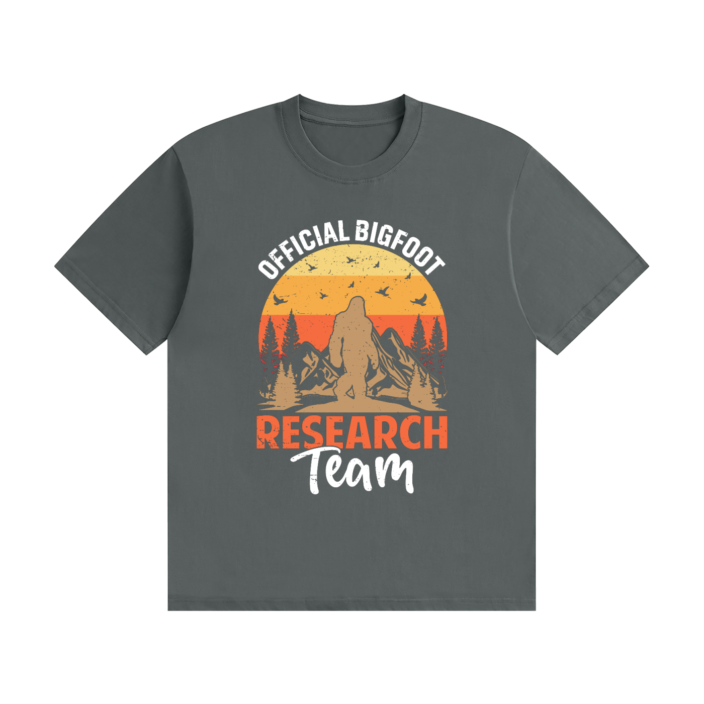 Official Bigfoot Research Team Retro Sunset Tee in Gray, flat lay.