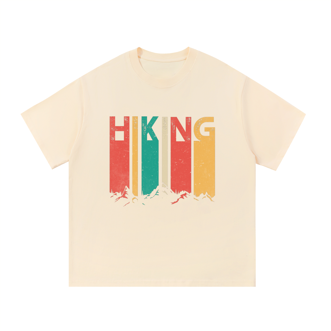 Hiking Retro Vintage Stripe Typography Tee in Apricot, flat lay.