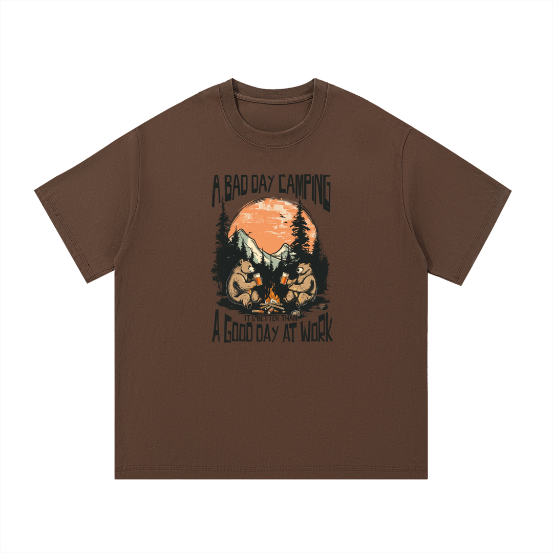 A Bad Day Camping Beats A Good Day At Work Tee in Coffee, flat lay.