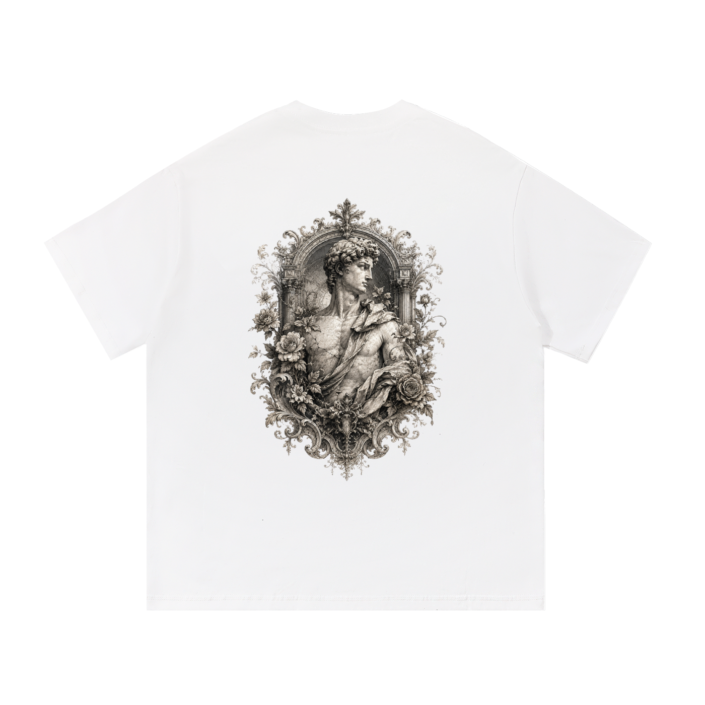 Baroque Statue Crest Left-Chest Cotton Tee in White, back view.
