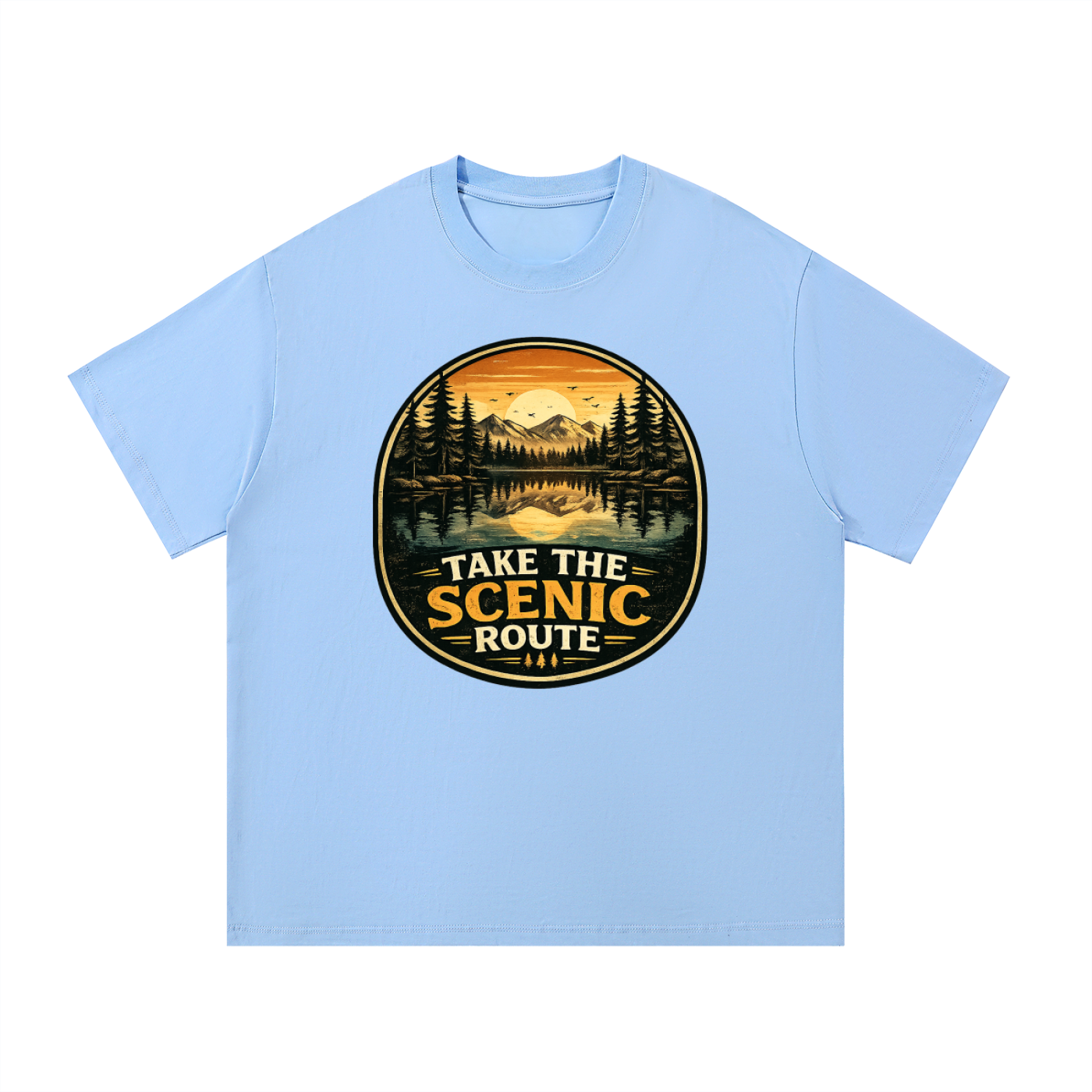Take The Scenic Route Vintage Lake Badge Tee in Blue, flat lay.