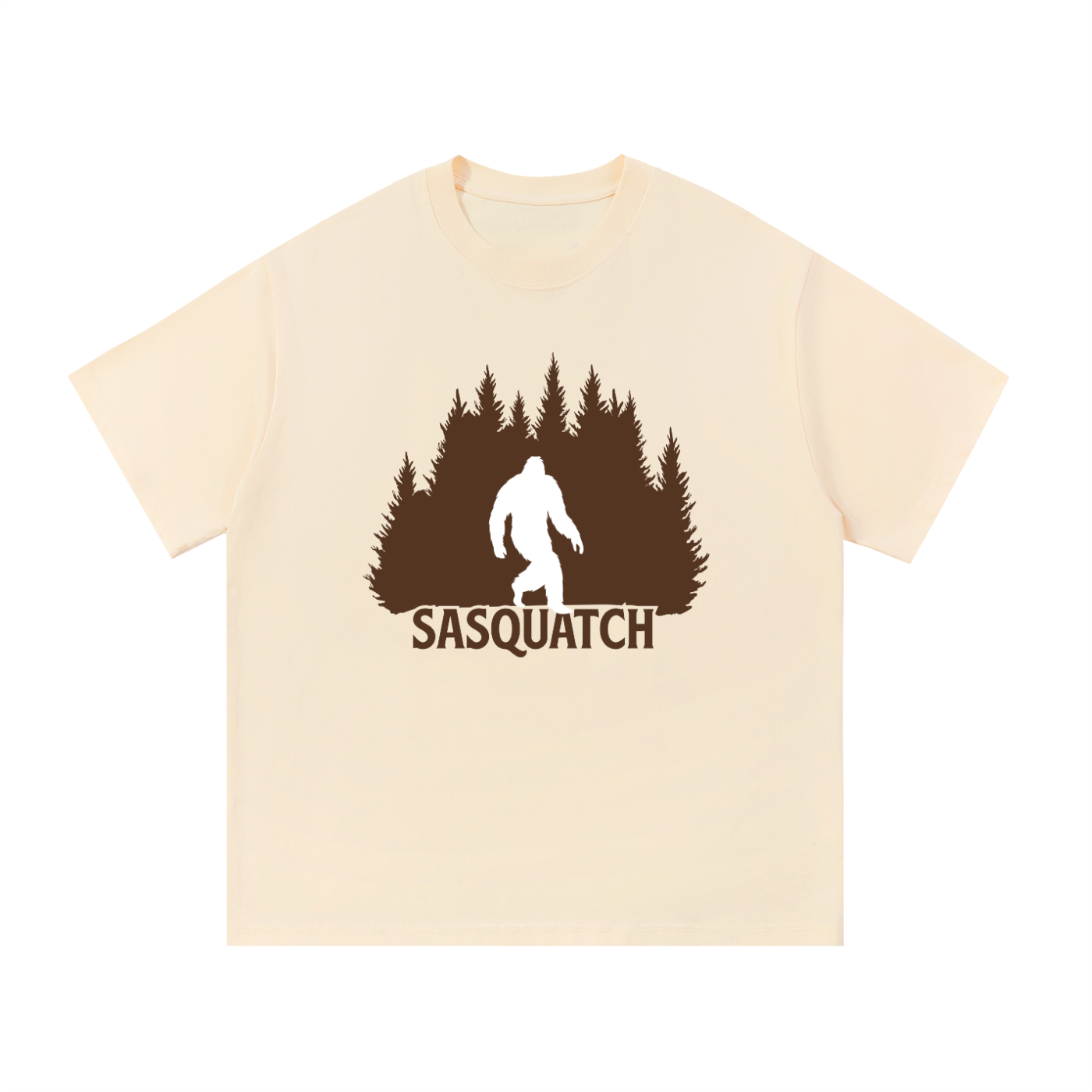 Sasquatch Forest Silhouette Cotton Tee in Apricot, flat lay.