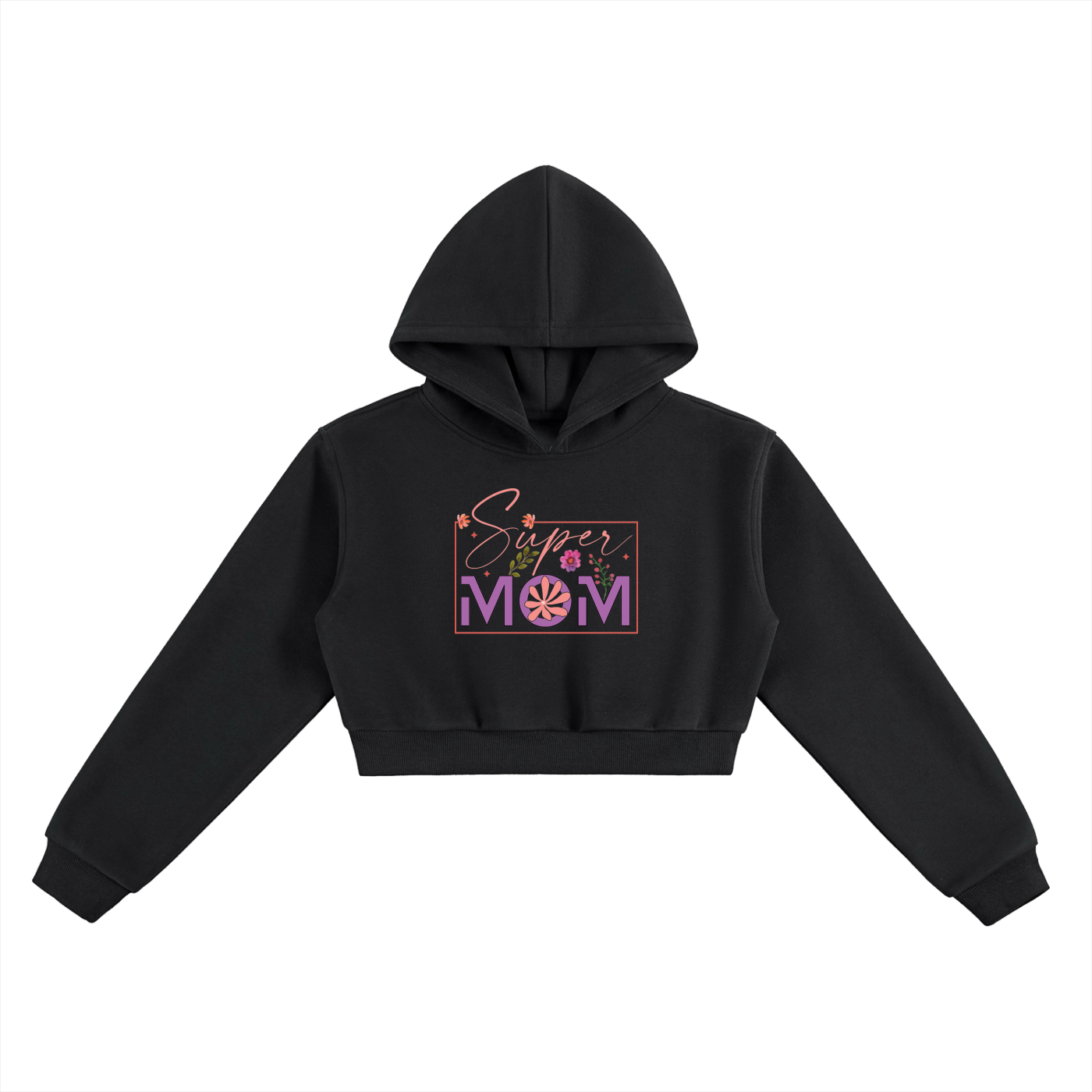 Super Mom Floral Frame Cropped Hoodie in Black, flat lay.
