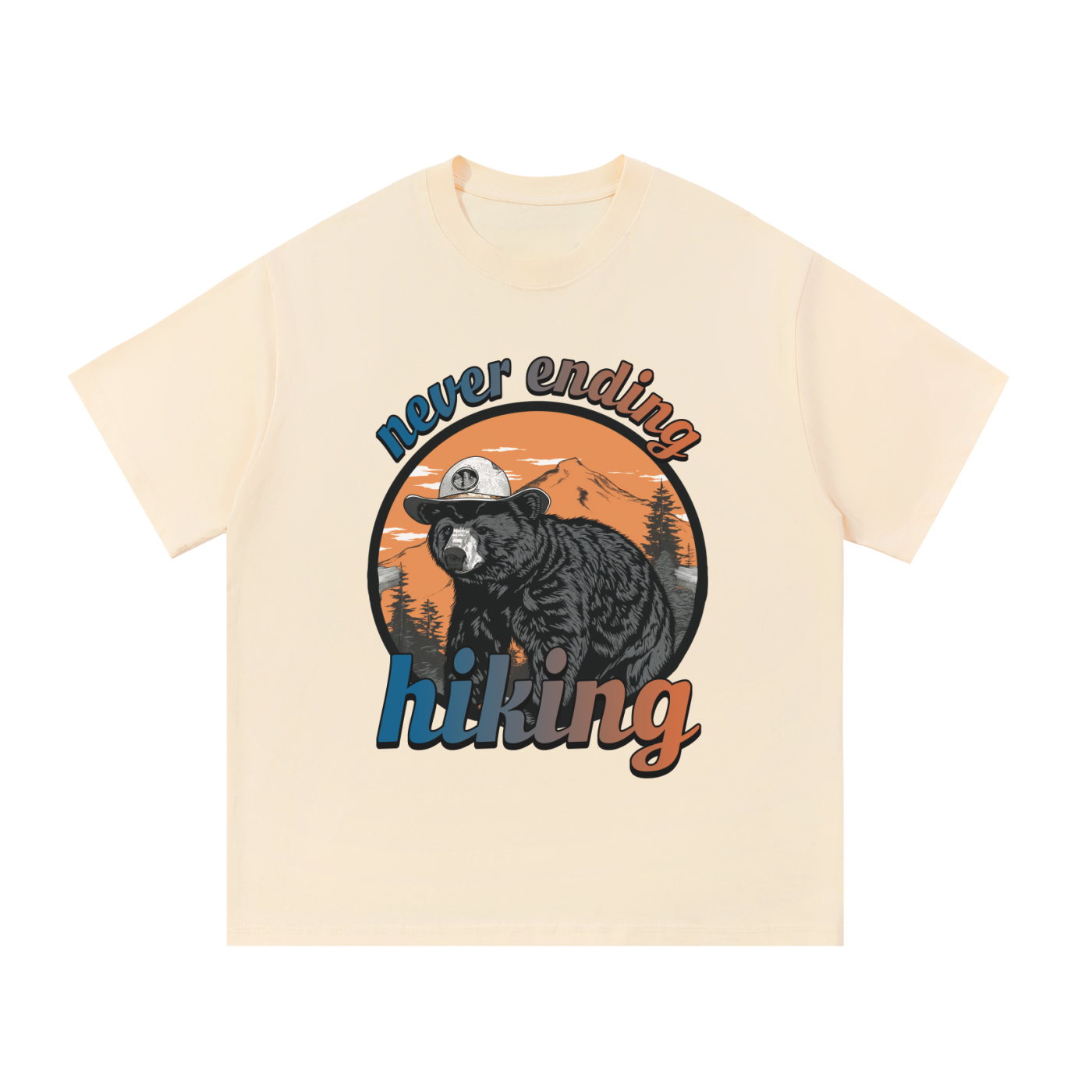 Never Ending Hiking Retro Bear Cotton Tee in Apricot, flat lay.