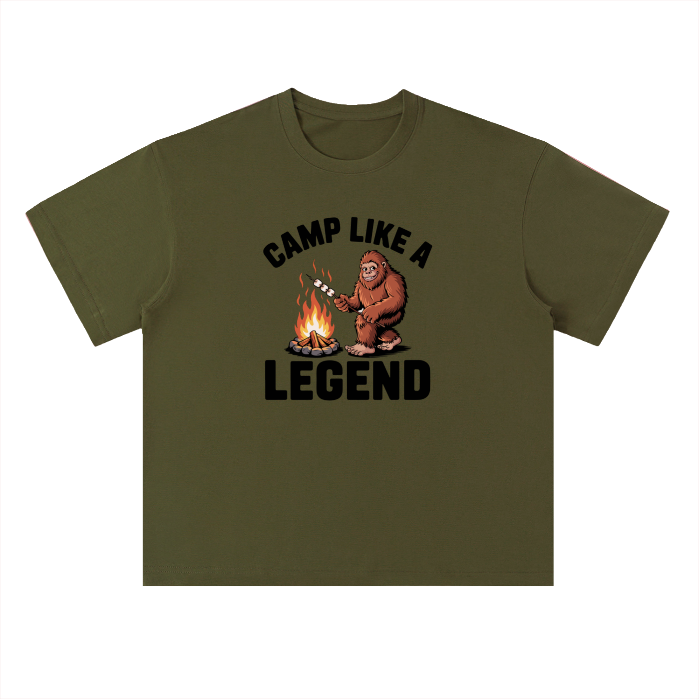 Camp Like A Legend Bigfoot Campfire Tee in Jungle Green, flat lay.