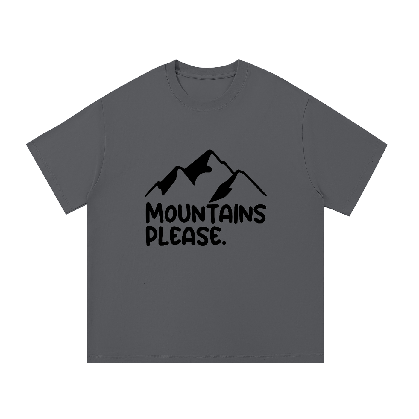 Mountains Please Minimal Line Mountain Tee in Dark Gray, flat lay.