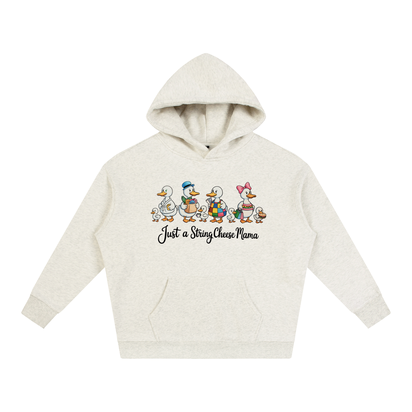 Just A String Cheese Mama Goose Family Hoodie in Oat Gray, flat lay.