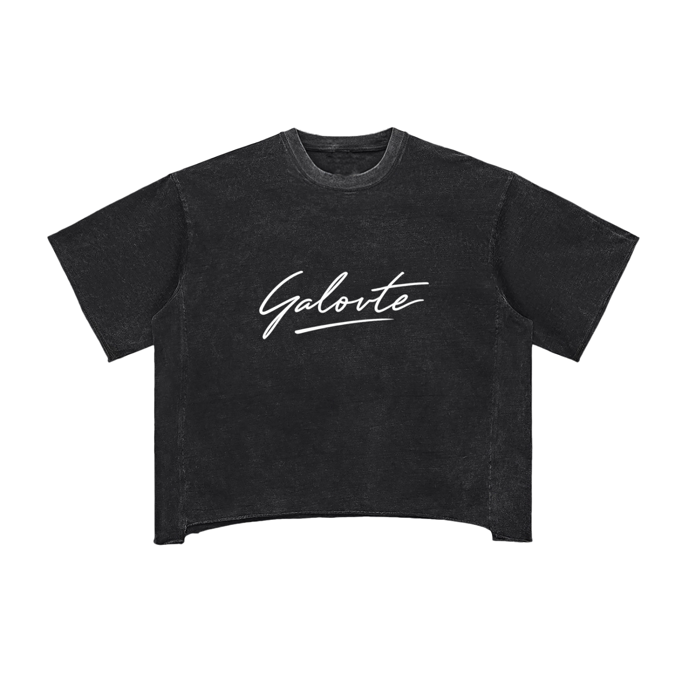 Galovte Script Raw-Edge Snow-Washed Boxy Tee in Black, flat lay.