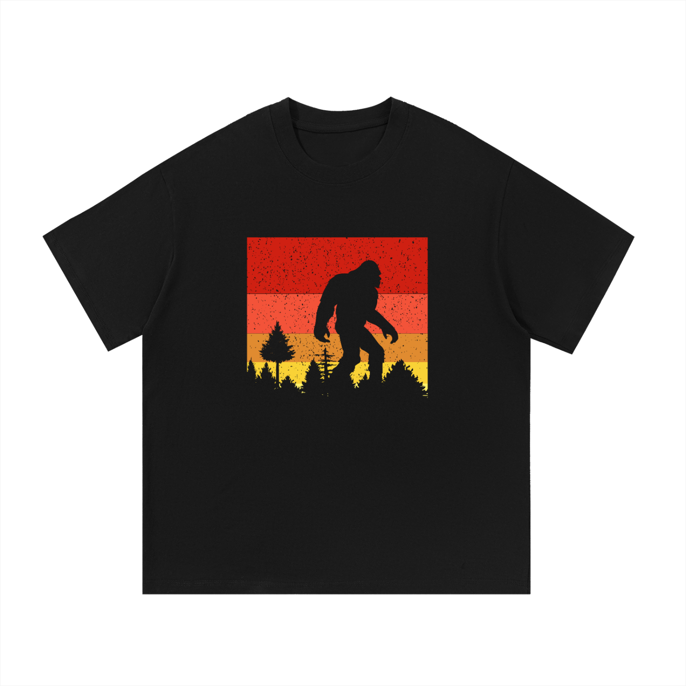 Bigfoot Retro Sunset Silhouette Cotton Tee in Black, flat lay.