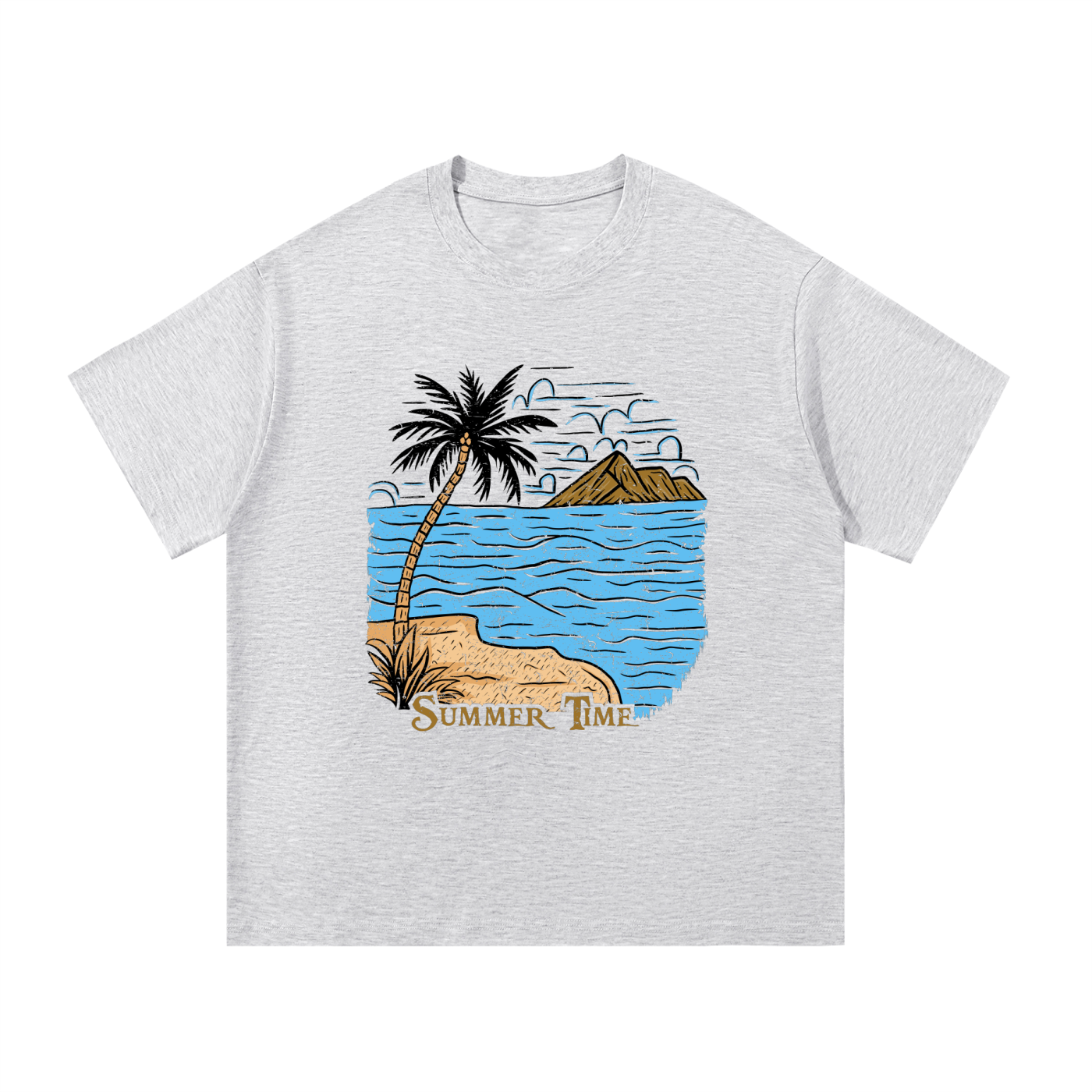 Summer Time Palm Beach Illustrated Cotton Tee in White Gray, flat lay.