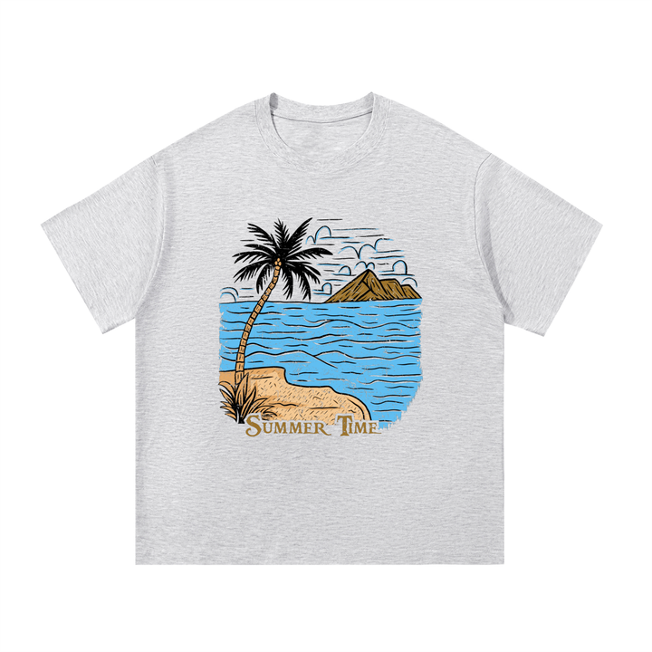 Summer Time Palm Beach Illustrated Cotton Tee in White Gray, flat lay.