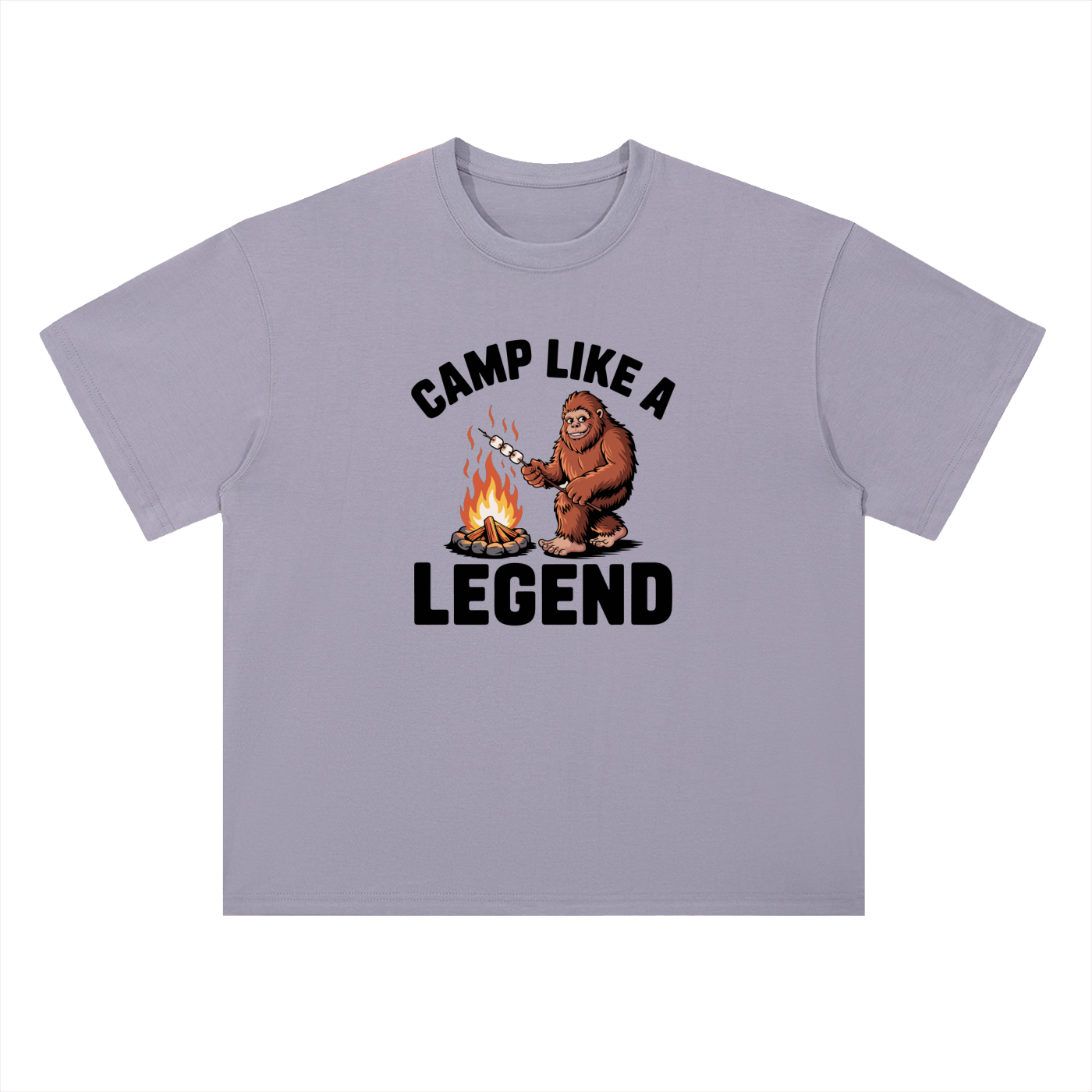 Camp Like A Legend Bigfoot Campfire Tee in Light Purple, flat lay.