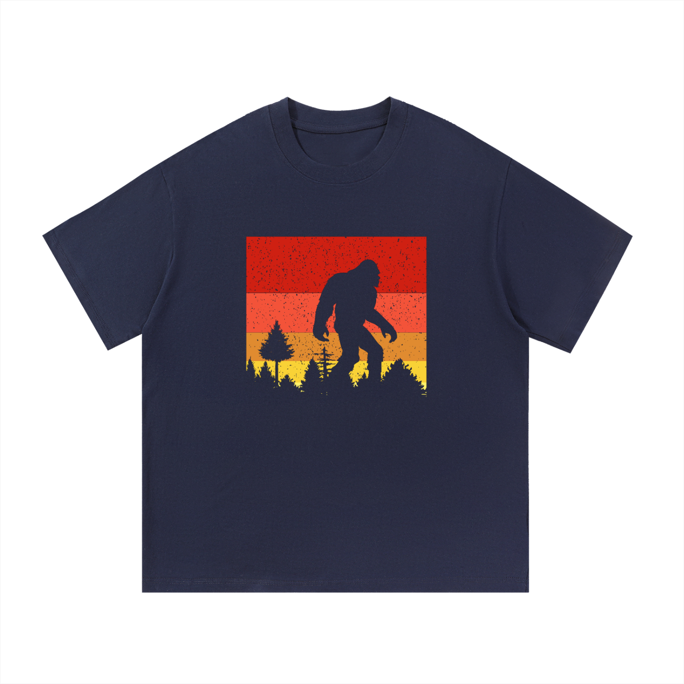 Bigfoot Retro Sunset Silhouette Cotton Tee in Navy Blue, flat lay.