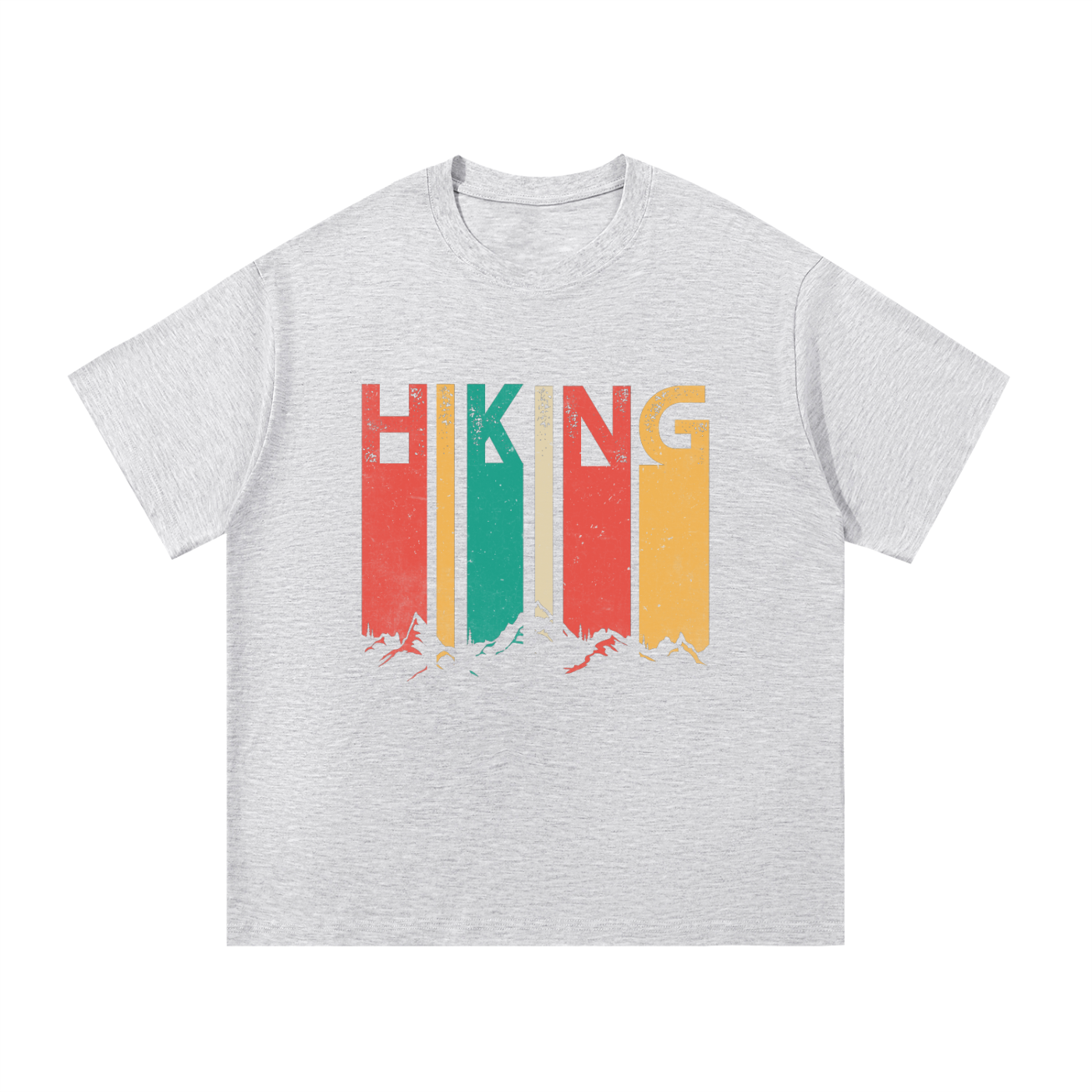 Hiking Retro Vintage Stripe Typography Tee in White Gray, flat lay.
