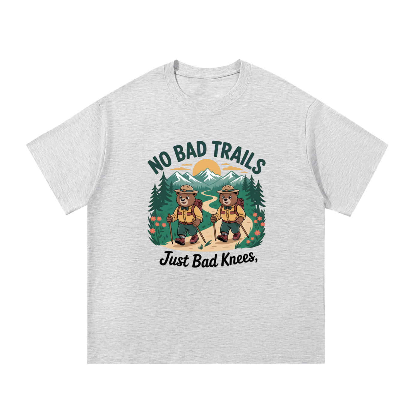 No Bad Trails Just Bad Knees Ranger Bear Tee in White Gray, flat lay.