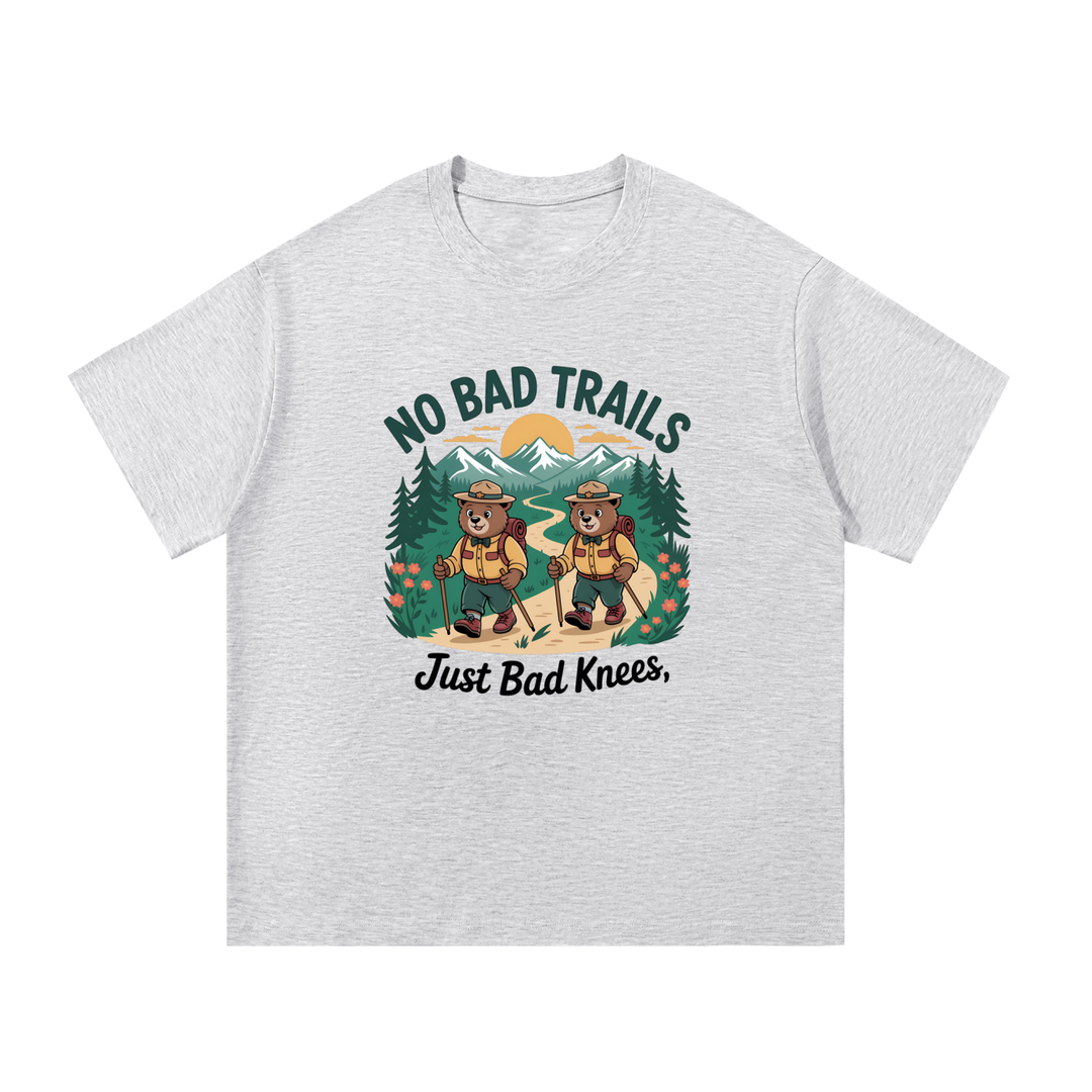 No Bad Trails Just Bad Knees Ranger Bear Tee in White Gray, flat lay.