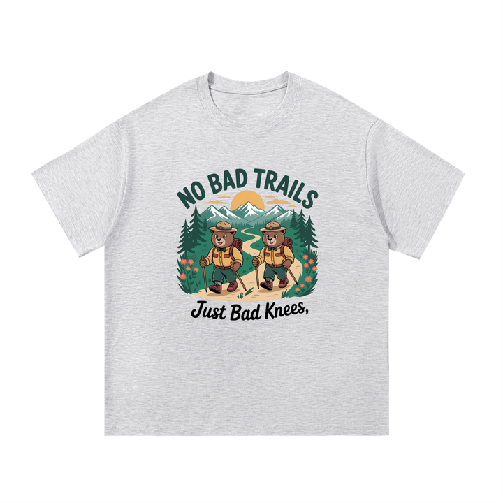 No Bad Trails Just Bad Knees Ranger Bear Tee in White Gray, flat lay.