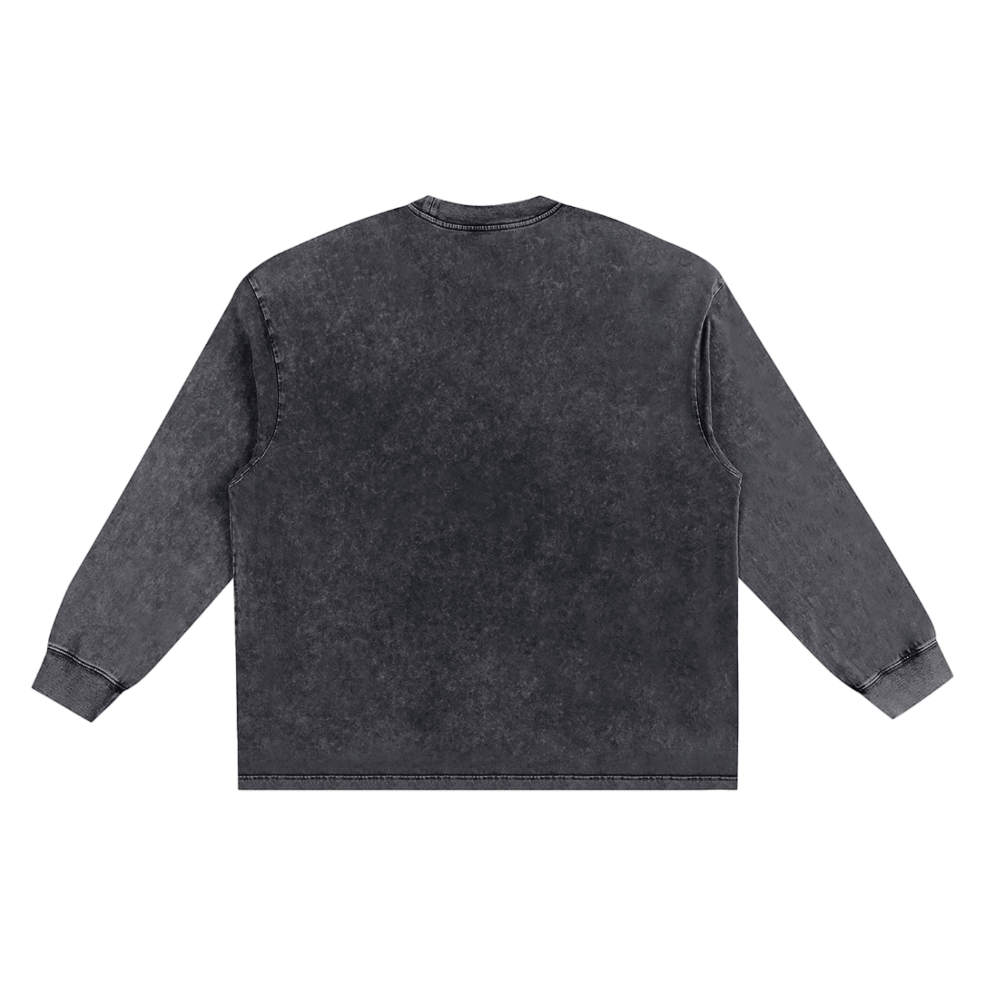 Wing Logo Snow-Washed Frayed Long Sleeve Tee in Black, back view.