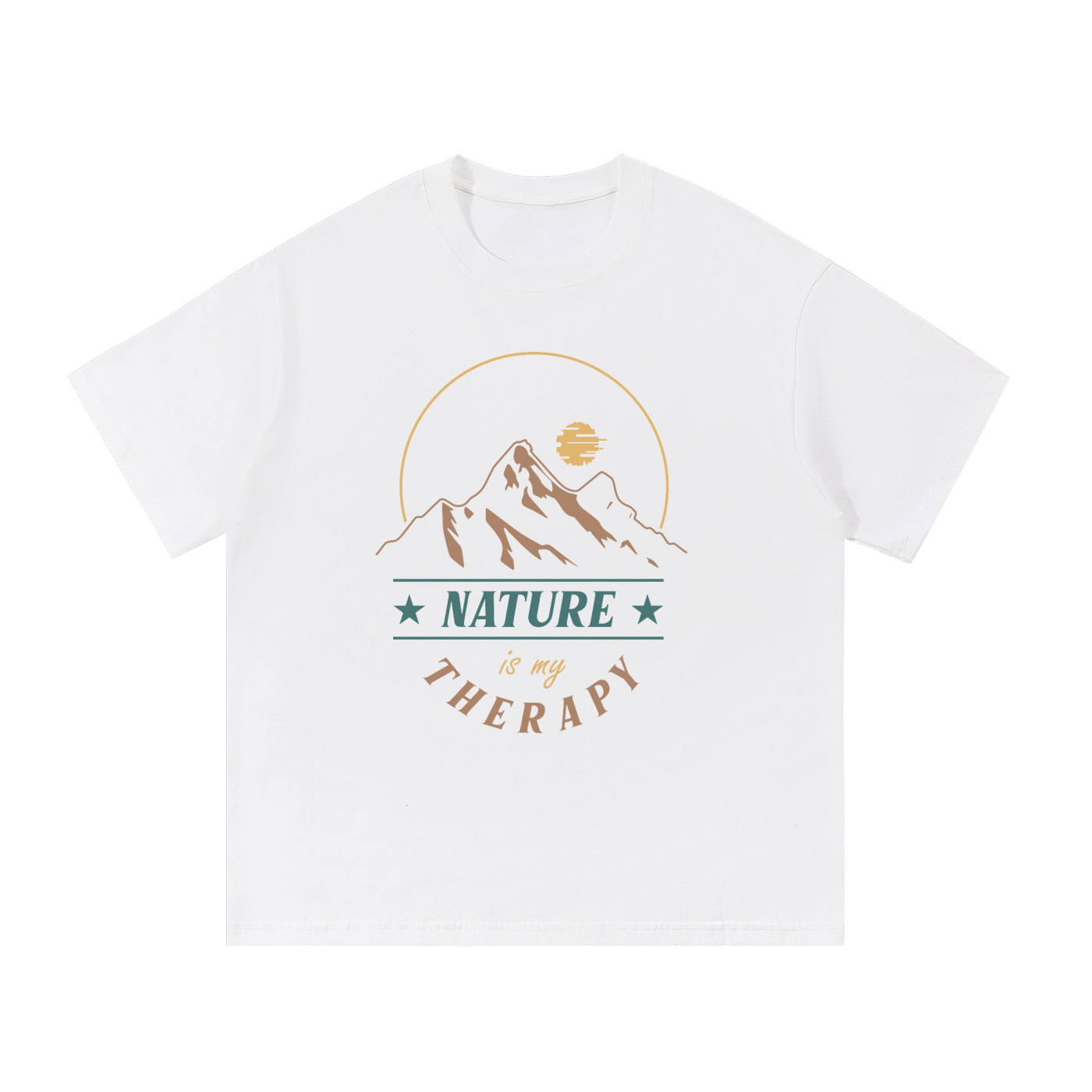 Nature Is My Therapy Mountain Sunrise Tee in White, flat lay.