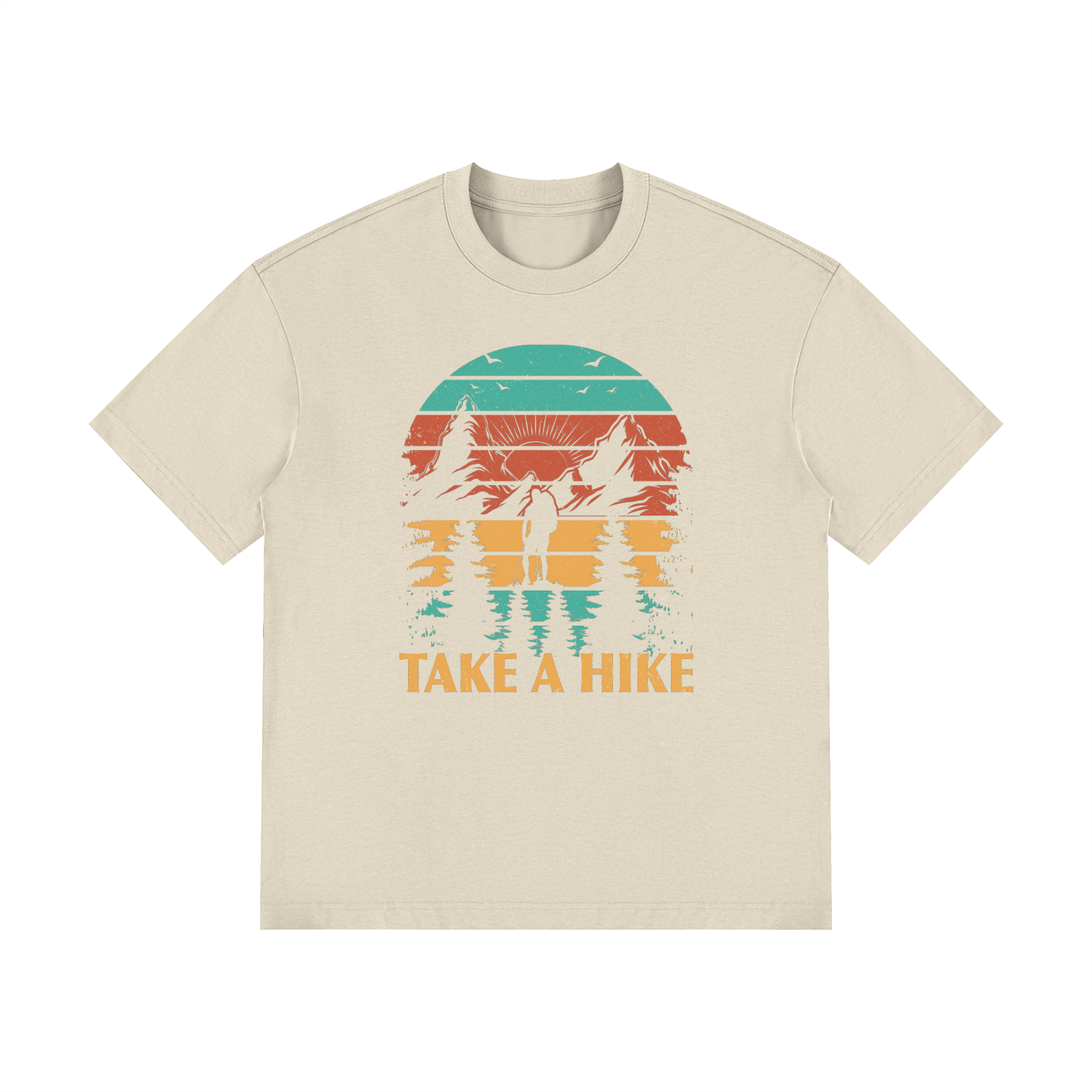 Take A Hike Retro Sunset Mountain Tee in Light Gray, flat lay.