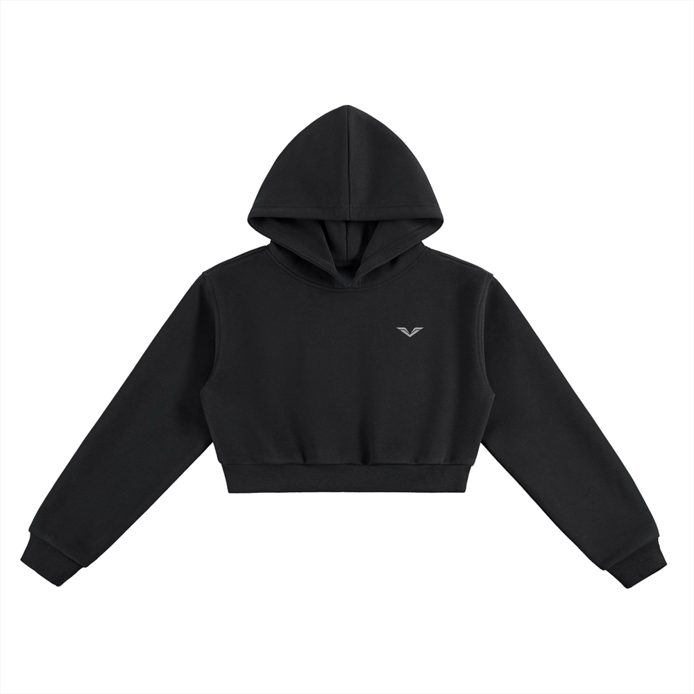 Wing Logo Essential Cropped Hoodie in Black, flat lay.