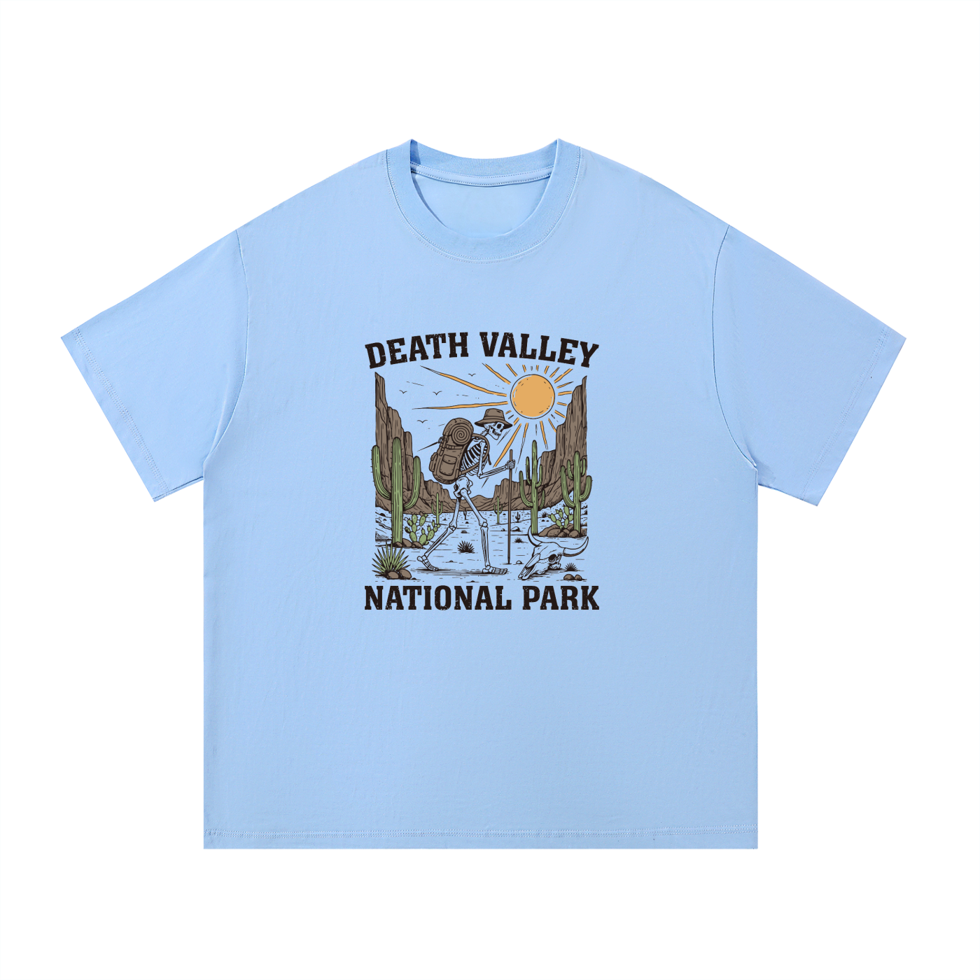 Death Valley National Park Retro Desert Tee in Blue, flat lay.