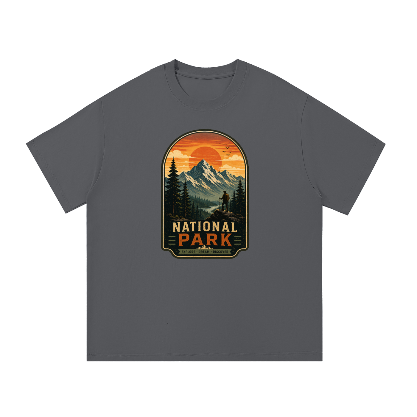 National Park Explore Dream Discover Badge Tee in Dark Gray, flat lay.