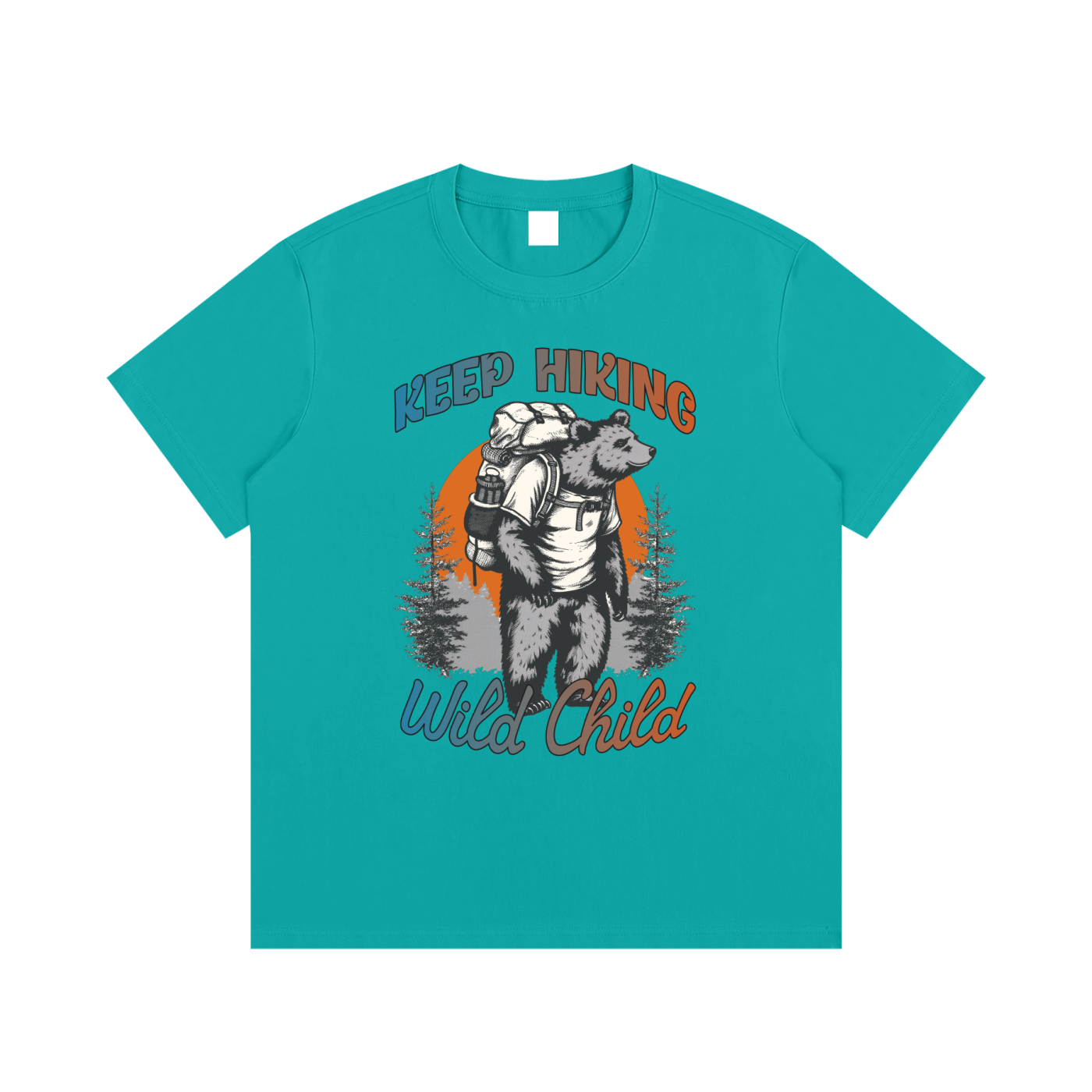 Keep Hiking Wild Child Backpacking Bear Tee in Lake Blue, flat lay.