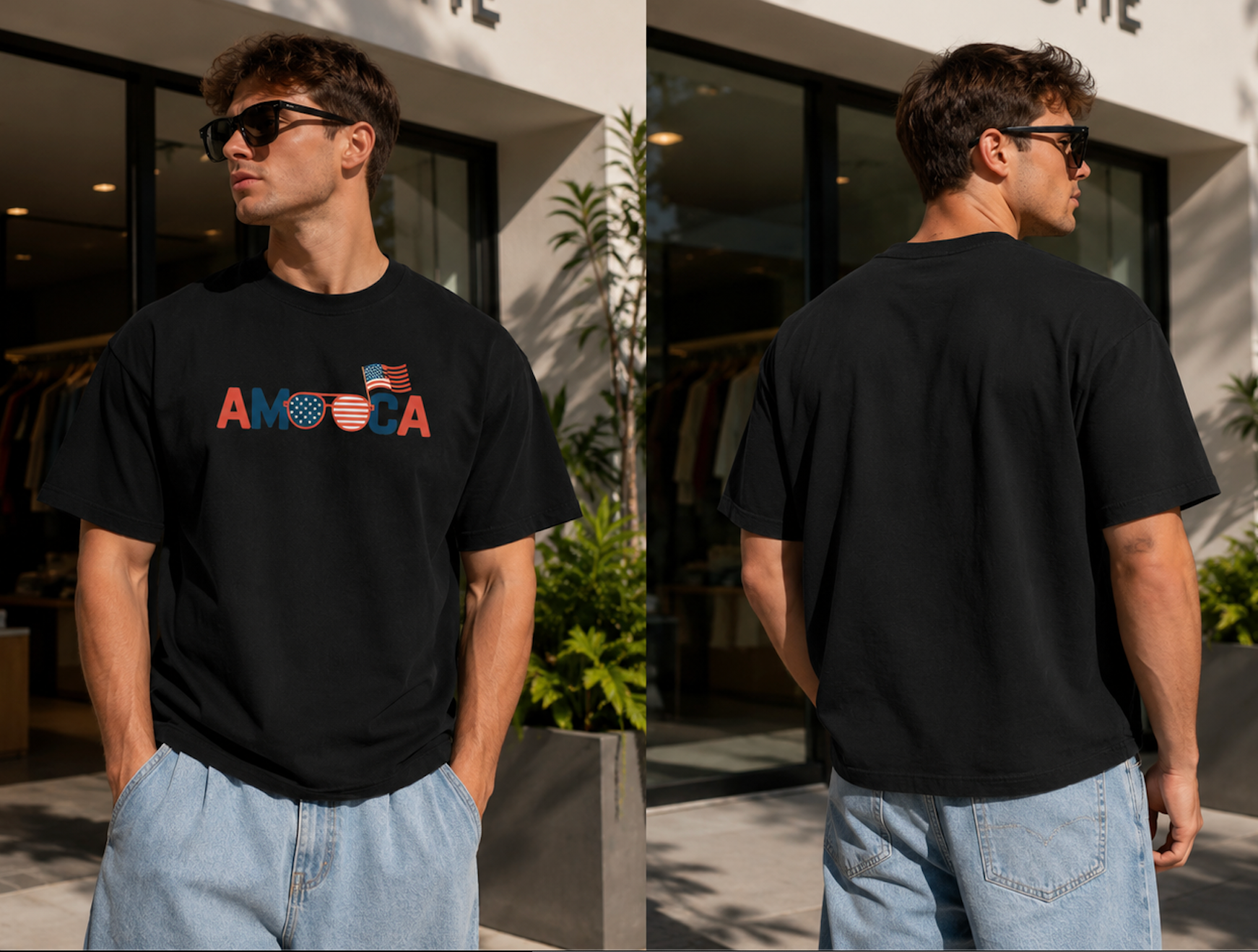 America Flag Sunglasses Oversized Cotton Tee in Black, front and back shown on a model.