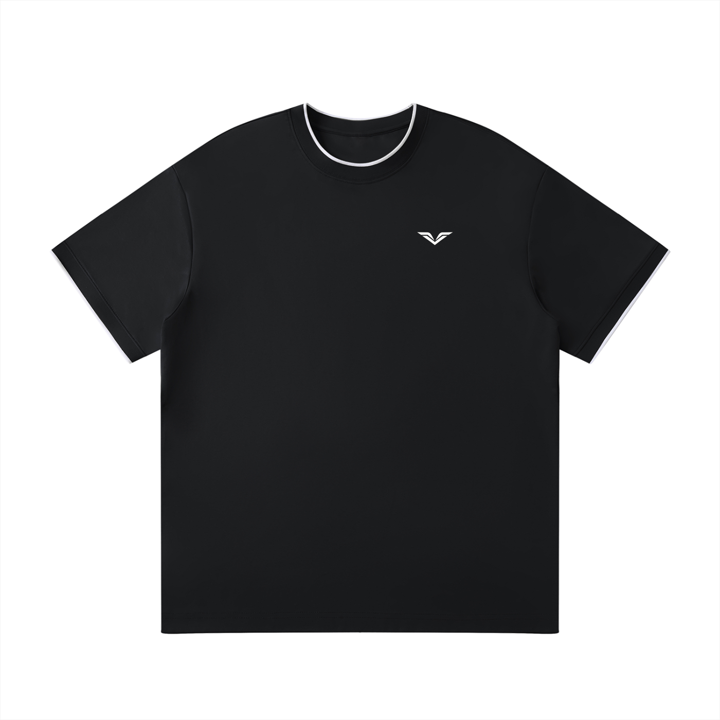 Wing Logo Contrast Tape Crewneck Tee in Black, flat lay.