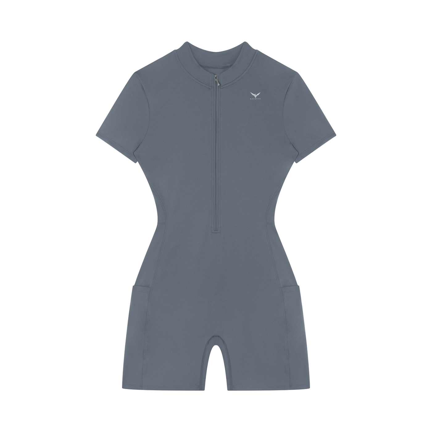 Wing Logo Quarter-Zip Short Sleeve Romper in Gray Blue, flat lay.