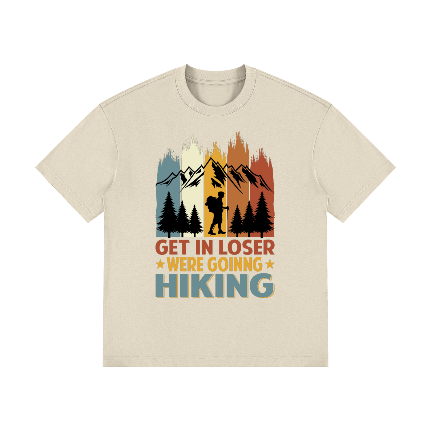 Get In Loser We're Going Hiking Retro Tee in Light Gray, flat lay.