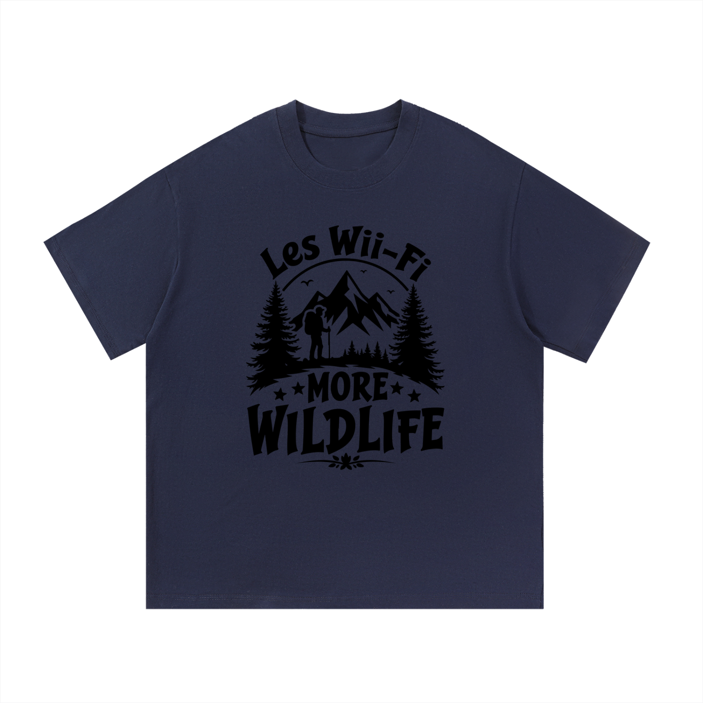 Less Wi-Fi More Wildlife Mountain Tee in Navy Blue, flat lay.